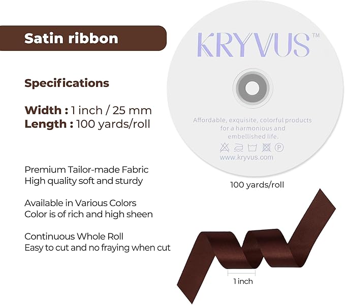 Dark Brown Satin Ribbon 1 inch X Continuous 100 Yards, Single Face Polyester Ribbon Perfect for Gift Wrapping, Flower Bouquet, Wedding Decor, Crafts, Bow Making, Sewing and More