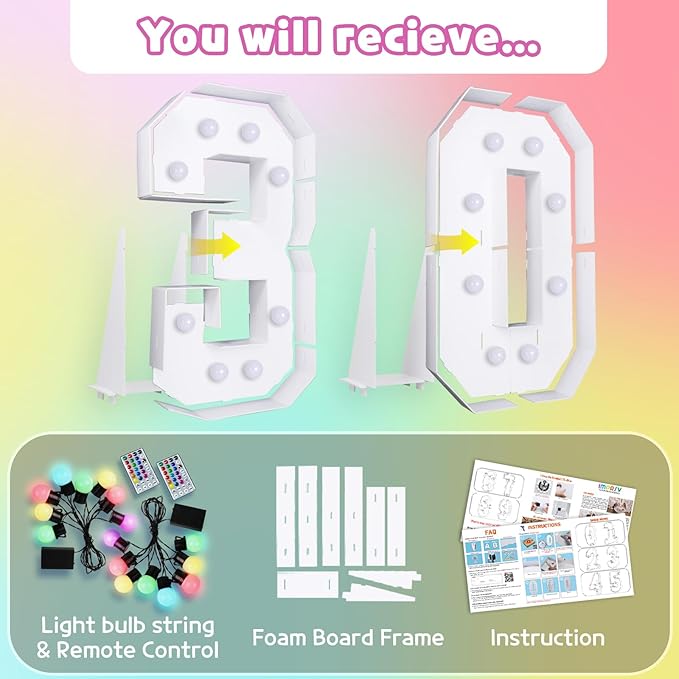 Marquee Numbers 30th-Birthday Decoration: Colorful 3FT Large Light Up 30 Year Old Birthday Decorations Anniversary Backdrop for Boys Girls Cardboard Sign 18 Colors Number 30 Mosaic Balloon Frame