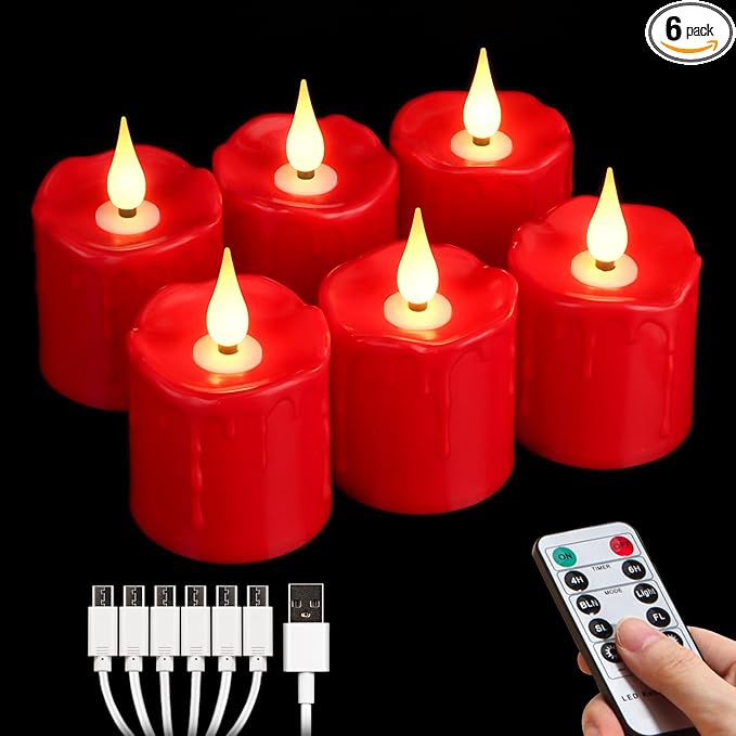 FREEPOWER Rechargeable Flameless LED Votive Candles Red Waterproof LED Candles Lights with Remote Timer for Parties, Special Events, and Home Decor, 2'' x 3''
