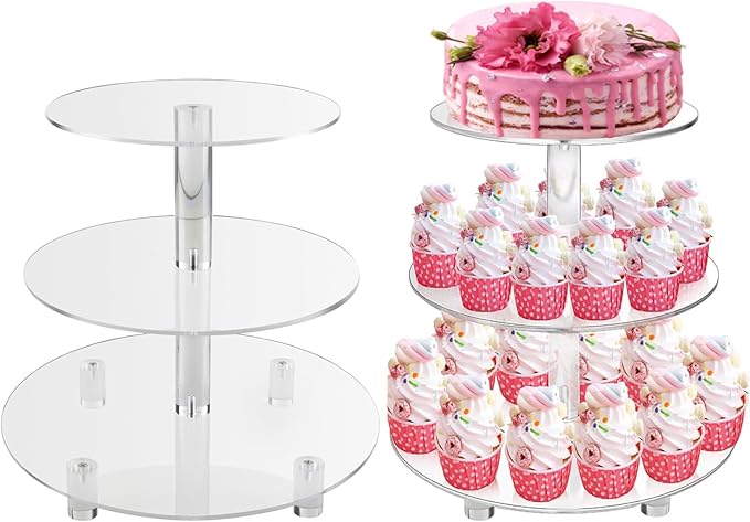 3 Tiers Round Cupcake Stand, Acrylic Cake Tower Stand Holder Macaron Display Rack Cookie Candy Buffet Desserts Platter with Base for Baby Shower, Birthday Party, Wedding, Party (3-Tiers with Base)