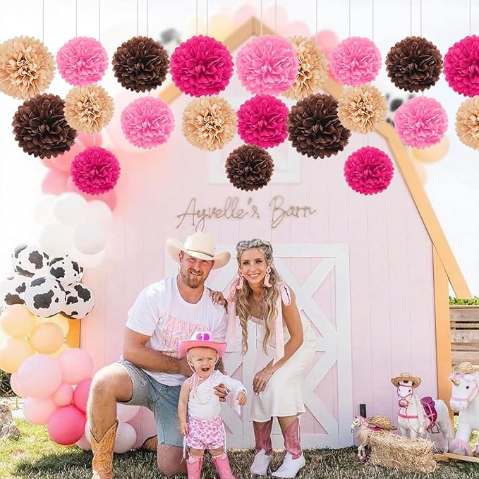 Capesaro Pink and Brown 12PCS Paper Pom Poms Party Decorations for Western Cowgirl Birthday Retro Rodeo Party, Hanging Tissue Paper Flowers for Engagement,Wedding,Baby Shower