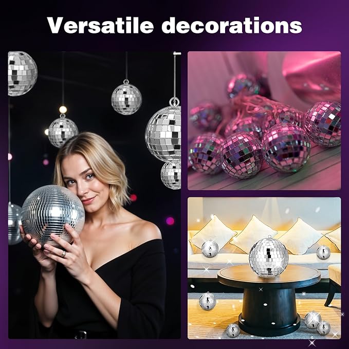 55Pcs Disco Ball Decor Hanging Mirror Disco Ball, 4Sizes Glitter Silver Mini Discos Balls Ornaments with Rope for 70s Discos Themed Birthday Party Supplies Christmas Tree Decors