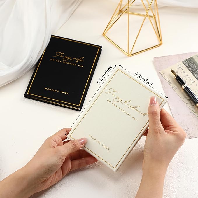 2 Pcs Wedding Vow Books His and Her to Husband Wife Wedding Must Have Registry Ideas Gold Foil Lined Page Premium Engagement Gift for Guest Groom Newly Engaged Couple(Black-White)