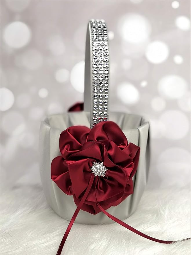 Abbie Home Flower Girl Basket in Silver Satin Cover with Burgundy Ribbon Flower Rhinestone Decor Luxury Satin Collection Party Favor Set(Burgundy+Silver Basket)