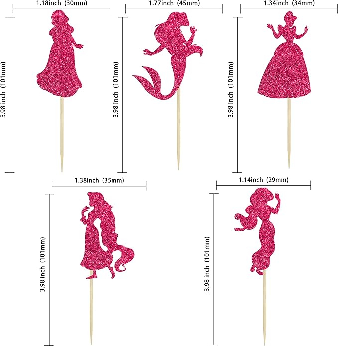 Gyufise 36Pcs Princess Cupcake Toppers Glitter Mermaid Girl Castle High Heel Crown Cupcake Picks Princess Theme Baby Shower Girls Birthday Party Cake Decorations Rose Red