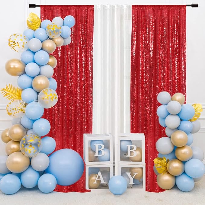 SquarePie Sequin Curtain Backdrop 2FT x 8FT Red 2pcs Background for Wedding Party Christmas