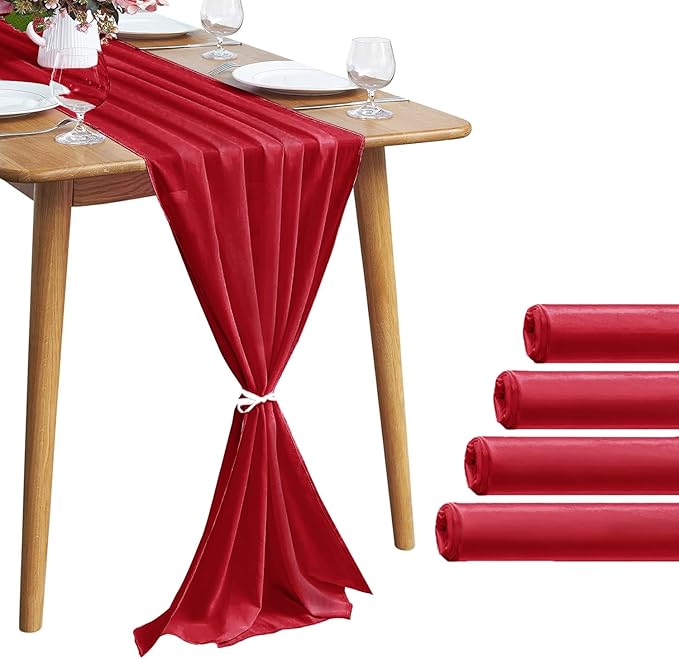 5 Pack 10Ft Red Chiffon Table Runner Sheer 29x120 Inch for Romantic Wedding Decor Bridal & Baby Shower Birthday Rustic Party Decoration