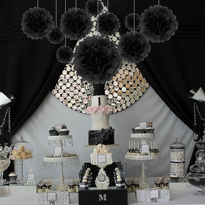 Tissue Paper Pom Poms, Black Tissue Paper Flowers, Hanging Flower Balls for Weddings Fiesta Parties Birthday Baby Showers Classroom Bridal Shower Decoration (20Piece Set-6/10/12/14Inch)