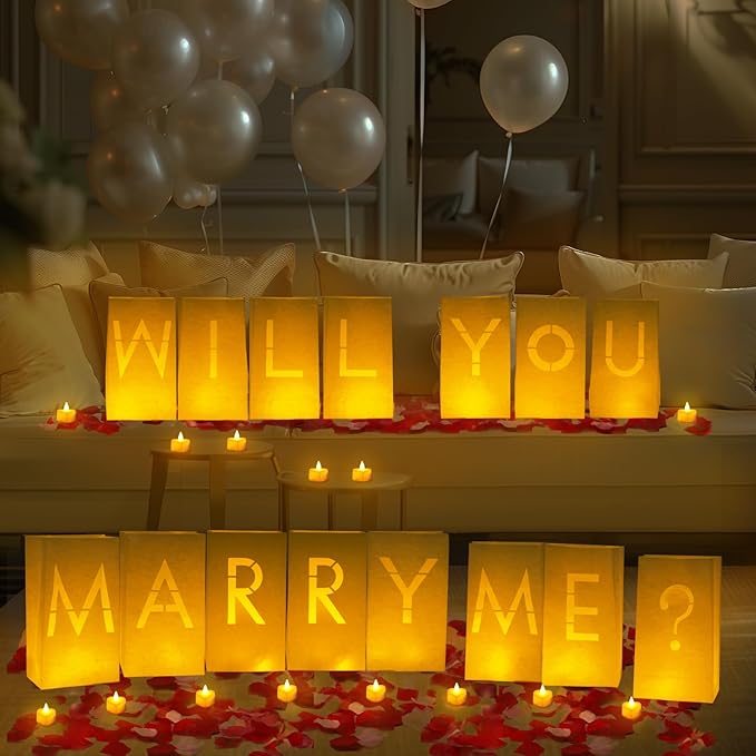 Homemory Will You Marry Me Light Up Letters Proposal Decorations with Flameless Candles and Fake Rose Petals, Valentine's Day Luminary Bags Decorations for Wedding Engagement