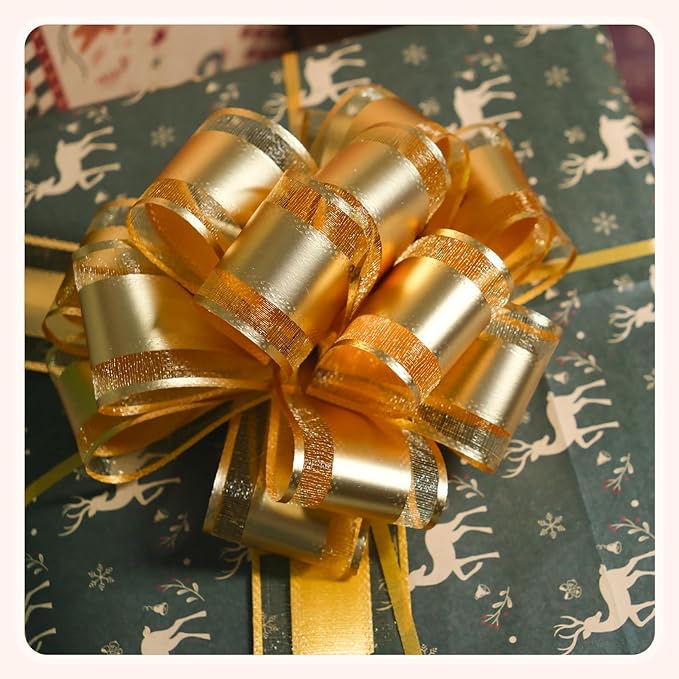 6 PCS 6 Inch Organza Golden Pull Bows - Perfect for Gift Wrapping, Wedding Decor, Car Bows, Birthday Parties, Christmas, and Valentine's Day