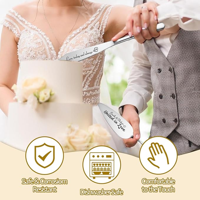 Personalized 4 Piece Wedding Cake Cutting Set, Custom Names Cake Knife and Server set with Forks, Anniversary Birthday Bridal Wedding Registry Gifts (Silver)