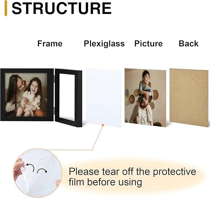 decorUhome Double 6x4 Picture Frame Vertical, Engineered Wood Bifold Photo Frame with Plexiglass for Tabletop Display, 6x4, Black