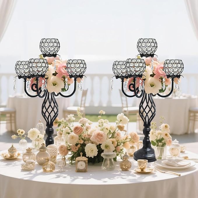 5-Arm Crystal Candelabra Centerpiece 23.2" Tall - Elegant Candle Holder Stand with Crystal Bowl, Chic Table Decor for Weddings, Parties, Anniversary & Home Decoration (4, Black)