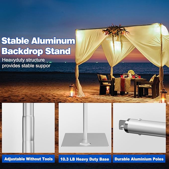 Pipe and Drape Backdrop Stand 8ftx10ft Adjustable Background Support System Heavy Duty Background Stand for Wedding Banquet Decorations Silvery
