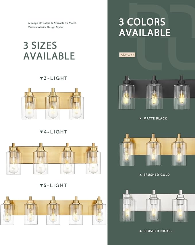3-Light Bathroom Light Fixtures, Brushed Gold Vanity Light with Cylinder Clear Glass Shade, Modern Vanity Lighting Fixtures Over Mirror, VL143-BG-3