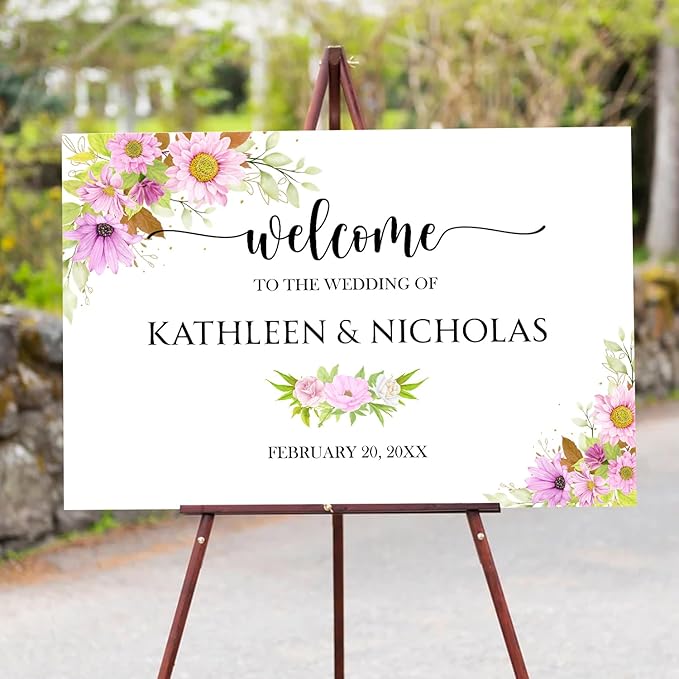 Blush Pink Floral Wedding Welcome Sign Template, Editable Printable Soft Pink Sign with Watercolor Flowers, Elegant Wedding Entrance or Reception Decor