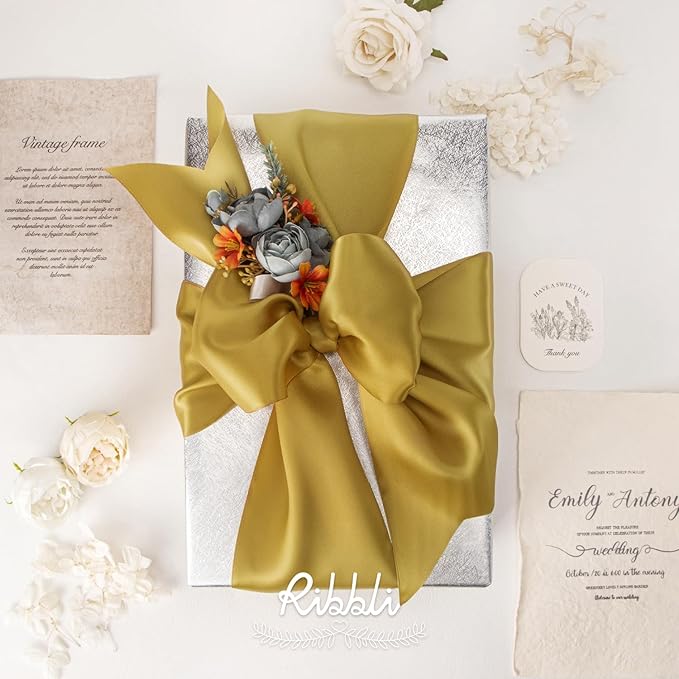 Ribbli Gold Satin Ribbon 4 Inch Wide Gold Ribbon for Wedding Chair Sash Grand Opening Ceremony Big Bows Gift Wrapping Floral Crafts Cake Decor-Double Faced Satin Continuous 10 Yards