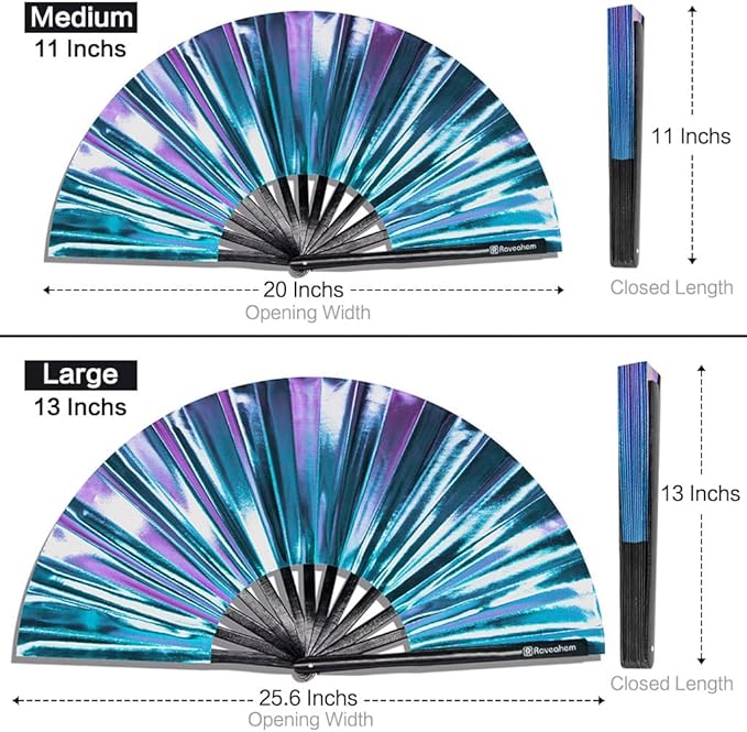 Large Rave Fan, Clack Folding Hand Fan with Premium Fabric, Thick Bamboo Frame for Men Women Gift for EDM, Festival, Club, Party, Dance, Decoration (Holographic Blue-Purple, 11")