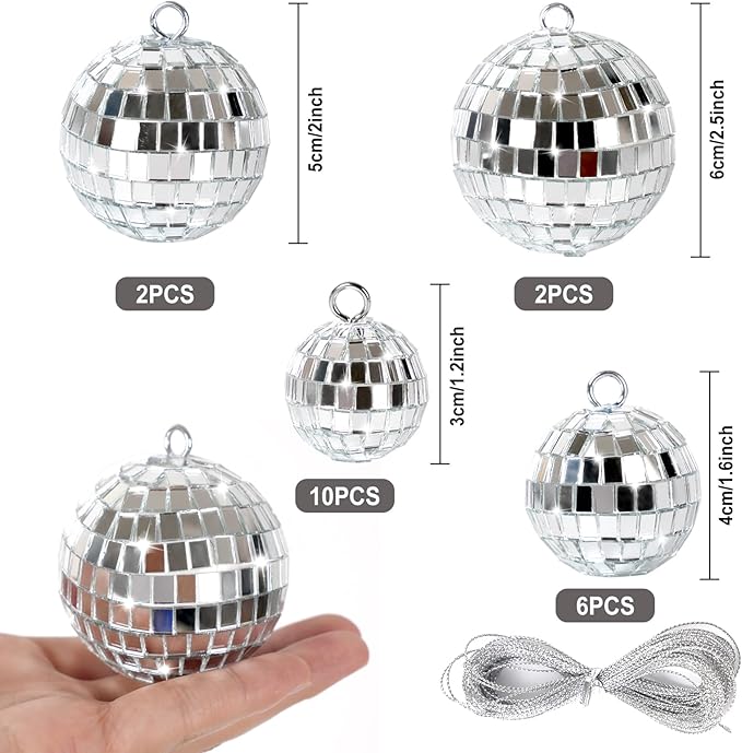 20 Pcs Mirror Disco Ball Hanging Ornaments Silver Glass Decor 70s Disco Party Decorations Ornament with Rope for Dance Birthday 70s Theme Party