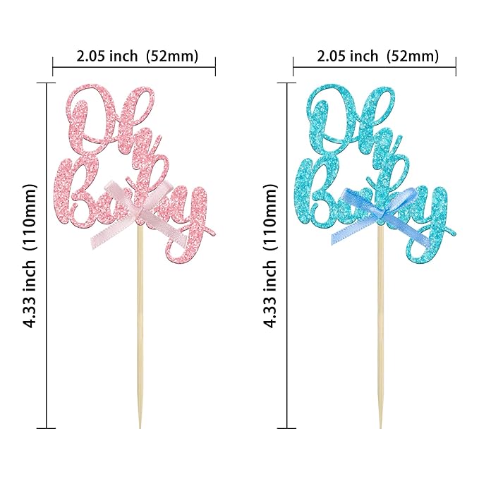 Gyufise 36Pcs Oh Baby Cupcake Toppers Pink Blue Bow Glitter Baby Shower Gender Reveal Cupcake Picks for Boy or Girl Theme Baby Shower Kids Birthday Party Cake Decorations Supplies