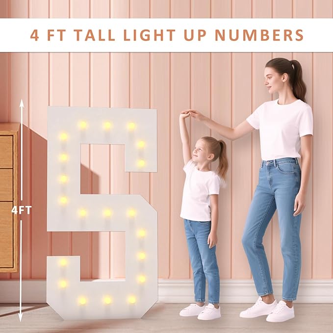 LOBOOM 4FT Light Up Numbers, Marquee Numbers 4 Feet Tall Giant Number 4 Mosaic Big Number Sign for 4th 40th Birthday Party Backdrop Anniversary Decorations, Pre-Cut Large Frame