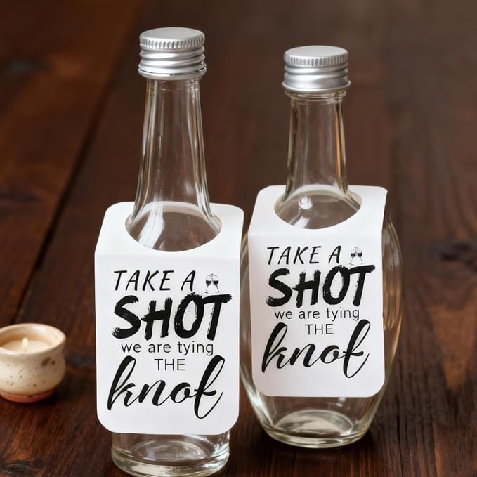 Take a Shot We are Tying (Or Tied) The Knot Tags with Hanging Hole Rectangle Kraft Paper Card Decorative Knot Tags for Engagement Party Wedding Decor, Bridal Party Gifts (Rectangular White)