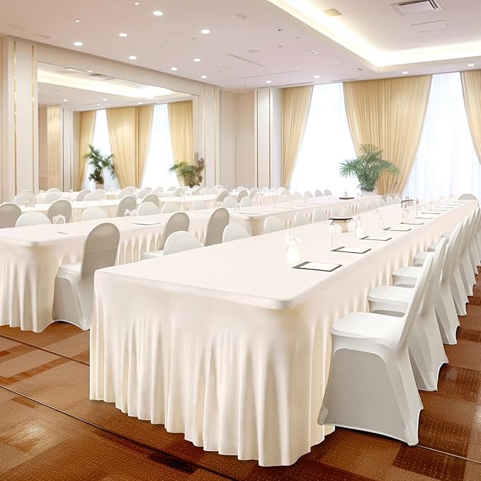 Wish Care 2 Pack Stretch Spandex Table Clothes for 8 Foot Rectangle Tables, 8FT Wrinkle Free Fitted Tablecloths Ruffles Design Table Cover for Party, Banquet, Wedding and Events