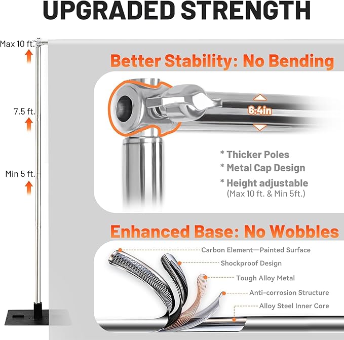 Heavy Duty Pipe and Drape Frame Kit 10x10ft Adjustable Height/Width Photography Background Support Poles All-Metal Construction Backdrop Stand for Party, Birthday, Wedding - Silver