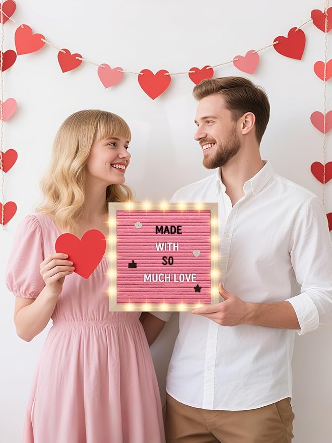Light up Changeable Felt Letter Board Sign with LED Lights - 10×10" Message Board& Wood Stand& 450 Letters, for Halloween/Birthday/Event/Pregnancy/Baby Announcement/Home Wall Decor Girls Gifts, Pink