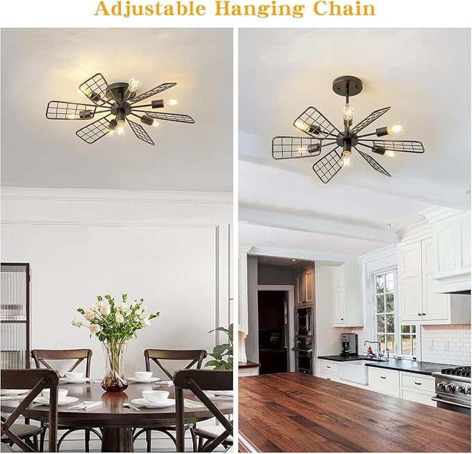 Modern Farmhouse Chandelier,28 Inch Black Metal Geometry Rustic Vintage Semi Flush Mounted Ceiling Light Fixture for Dining Room Bedroom Kitchen Island Hallway Foyer Entryway(7-Light)