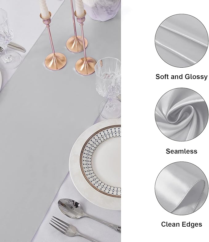 12Pack Table Runner 12 x 108 Inches Satin Silk Table Runner for Wedding, Birthday Party, Banquets, Graduations Decoration, fit Rectange and Round Table-Silver