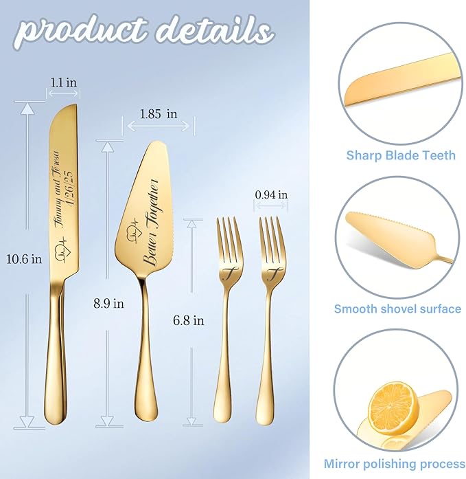 Personalized Wedding Cake Knife and Server Set, Custom Names Cake Cutting Set with Stainless Steel Forks, Customized Bridal Anniversary Birthday Wedding Registry Gifts for Couple (Gold)