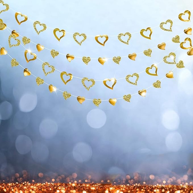 Cheerland Gold Heart Garland Romantic Decorations Paper Streamers Hanging for Mother’s Day Best Mom Tea Brunch Engagement Wedding Anniversary Bridal Shower Valentine Birthday Party Supplies 4pcs