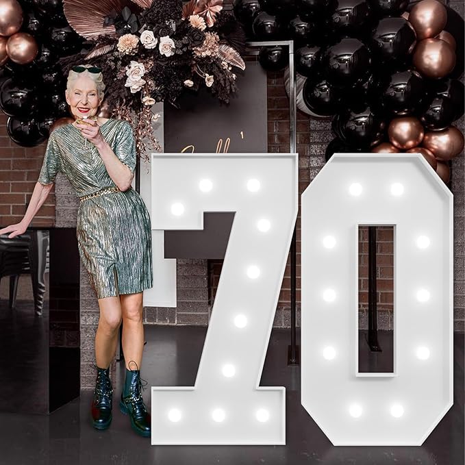 imprsv Marquee Numbers Large 70th-Birthday Decorations: 4ft Light Up Number Party Decor 70 Year Old Women and Men Birthday Decoration Backdrop Anniversary Cardboard Big Mosaic Balloon Frame Number 70