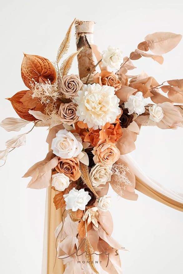 Ling's moment Boho Wedding Arch Flowers Kit Pack of 4, 2pcs Hanging Artificial Floral Arrangement 2pcs Chiffon Drapes Ceremony Fake Silk Rose Arbor Rustic Farmhouse Party Decor, Fall Orange Swags
