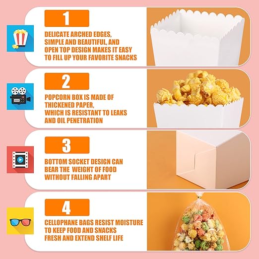 400 Pcs Zopeal Mini Popcorn Boxes and Clear Treat Bag Set, Bulk Popcorn Bags Open Top Paper Popcorn Containers with Treat Bags Popcorn Candy Boxes for Movie, Party, 3 x 4 Inch (White)