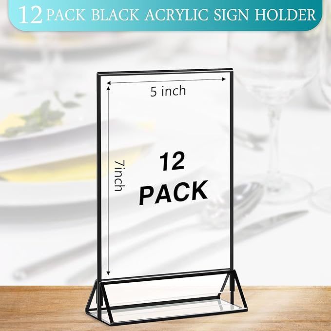 12 Pack Clear Acrylic Wedding Table Number Frame Acrylic Sign Holder with Vertical Stand Holder and Borders Picture Frames Wedding Table Numbers Display Stand Table Sign Holder (5 x 7 Inch)