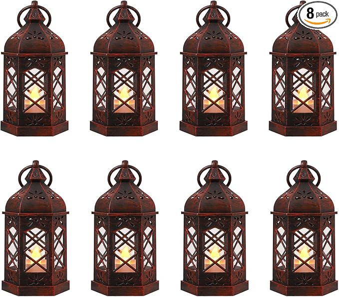 LLQ 8Pack Mini Lantern Decorative for Halloween Christmas & Wedding, Small Vintage Moroccan Lantern with Flickering LED Candle for Table Centerpieces, Enchanted Forest Medieval Decor, Hanging Ornament