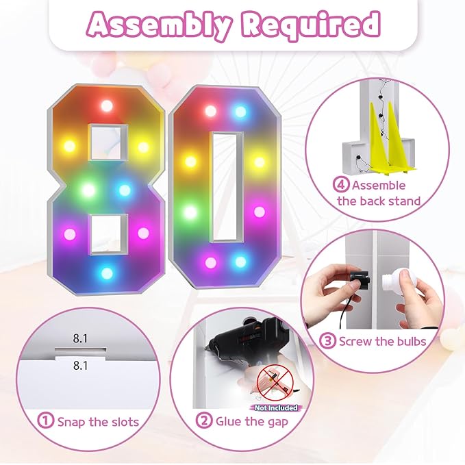 Marquee Numbers 80th-Birthday Decoration: Colorful 3FT Large Light Up 80 Year Old Birthday Decorations Anniversary Backdrop for Boys Girls Cardboard Sign 18 Colors Number 80 Mosaic Balloon Frame