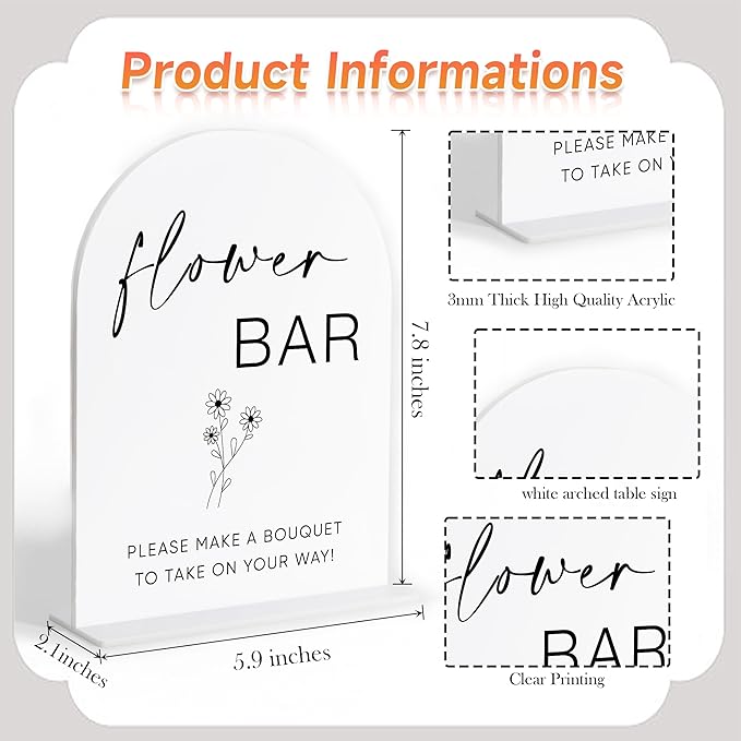Flower Bar Sign, White Arch Acrylic Wedding Sign, Flower Bar Supplies, Wedding Reception Decorations, Bridal Shower Decor, Engagement Party Decor, Centerpiece Table Decorations Party-11