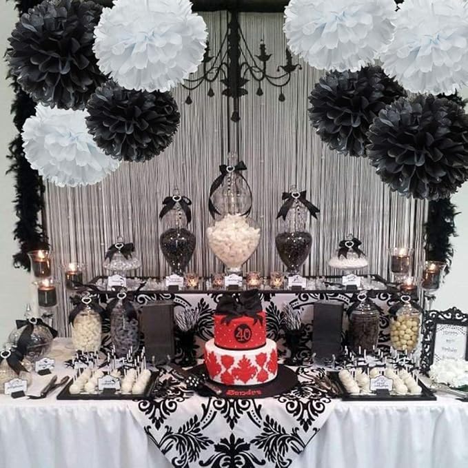 Black and White Paper Flower Tissue Pom Poms Party Supplies (black,white,12pc)