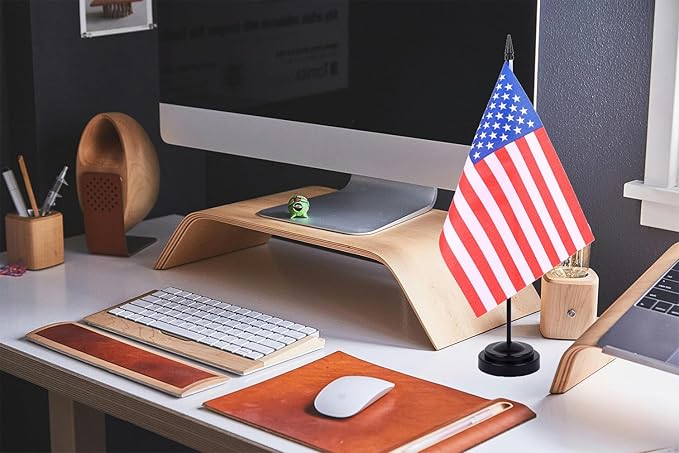 WXTWK 2 Pack American Flag US Desk Flag Set - Mini Small USA Table Office Flags with Black 12" Solid Pole Stand Base 4th of July Party Veteran's Day Classroom Meeting Desktop Decorations