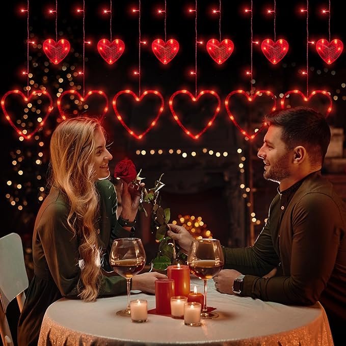 Valentines Day Decor, 138LED 12 Hearts Curtain Lights for Bedroom, Window Lights with Remote 8 Modes, USB and Battery Powered Valentines Lights for Wedding Birthday Anniversaries Party Decor (Red)