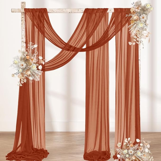 MLMW Fall Wedding Arch Draping Fabric 2 Panels 29" x 20Ft Burnt Orange Terracotta Sheer Wedding Arch Backdrop Drapes Outdoor Curtain for Thanksgiving Ceremony Party Background Ceiling Decor
