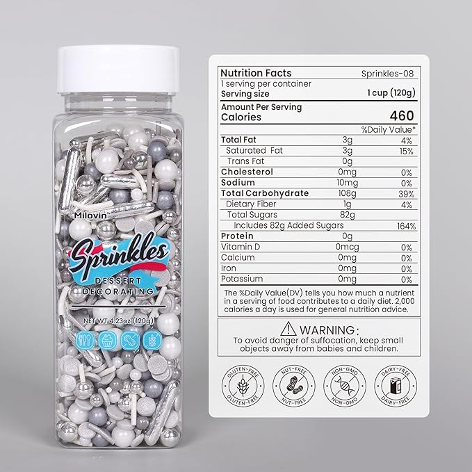 Silver Sprinkles for Cake Decorating, Silver Rob Sprinkles, Silver Pearl Sprinkles, Jimmy Sprinkles, Perfect for Cupcakes, Macaron, Cookies, Waffles, and Ice Cream Topping(120g/4.23oz)