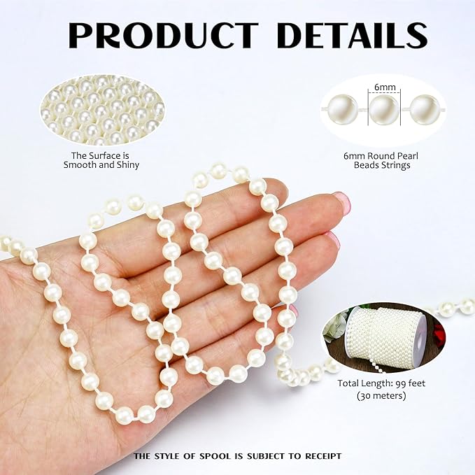 99 Feet 6mm Pearl Strings Garland for Crafts, Artificial Pearl Beaded Trim Chain Roll Strands for Wedding Centerpieces Bouquet Party Decoration Christmas Tree Garland, Ivory