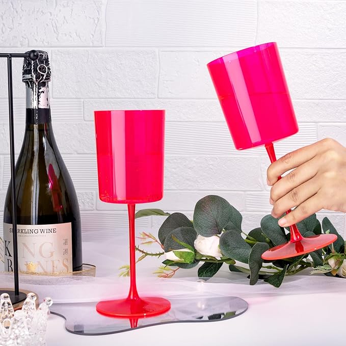 Ciaell 12 Pack Plastic Wine Glasses - 14Oz Hot Pink Plastic Wine Glasses With Stem - Disposable Stemmed Cups for Parties & Weddings