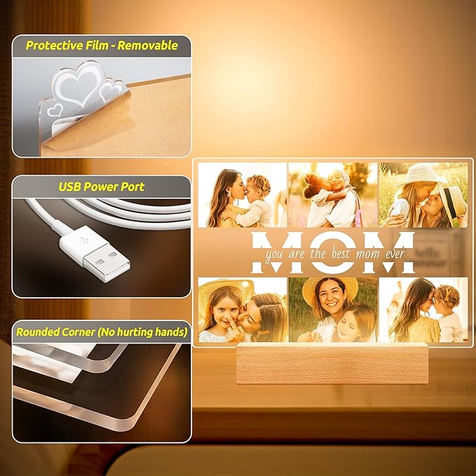 Personalized Gifts for Mom from Daughter Son, Custom Picture Frames with Photos, Customized Photo Frame with Night Light, Personalized Birthday Gifts for Mom Baby Kids Family