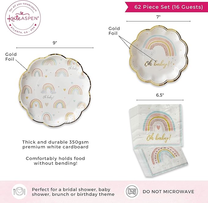 Kate Aspen Boho Rainbow Baby Shower Decorations, One Size, 62 Pc Party Tableware Kit