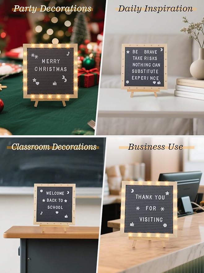 Light up Changeable Felt Letter Board Sign with LED Lights - 10×10" Message Board & Wood Stand & 450 Letters, for Halloween/Birthday/Event/Pregnancy/Baby Announcement/Home Wall Decor Gifts, Grey